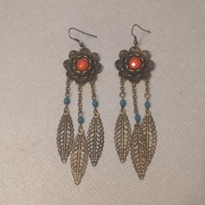 Bronze boho flower and feather earrings